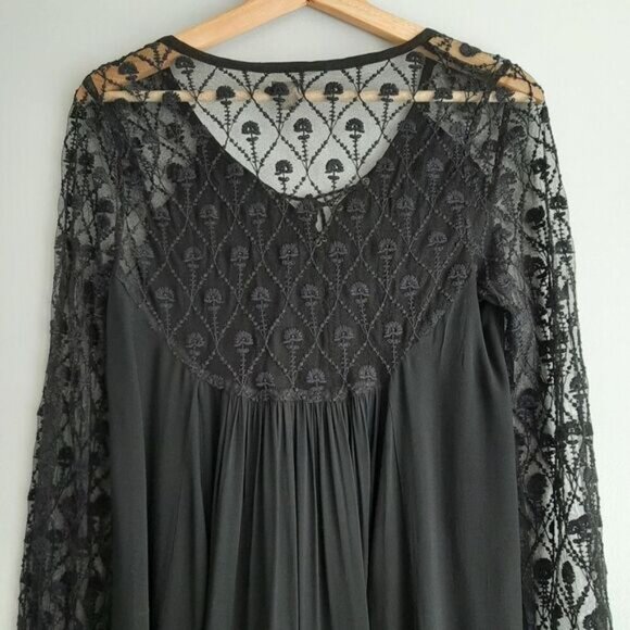 ECOTE Boho Floral Lace Tassel Tie Semi-Sheer Tunic Blouse Black Sz S - Picture 11 of 15